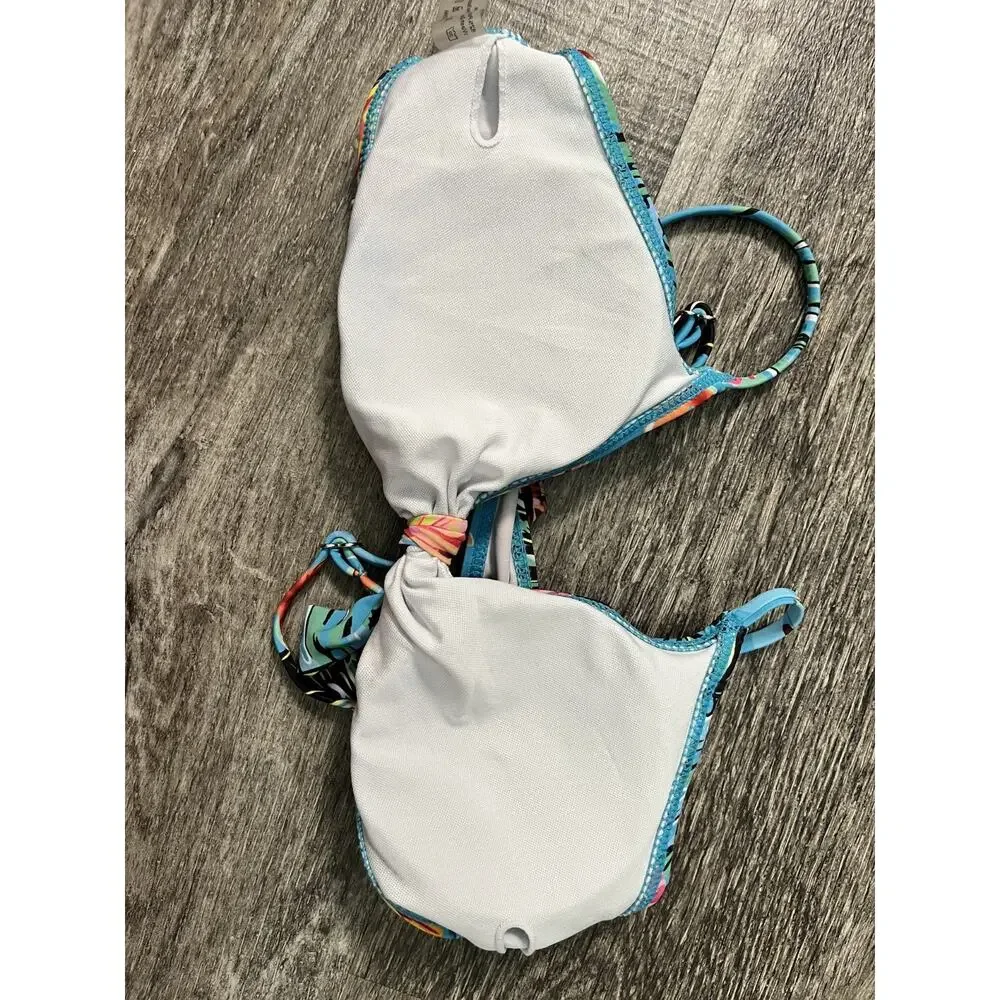 Women's Size Medium Blue Orange Red Bikini Bra Top Floral Beach Tie Padded Bra